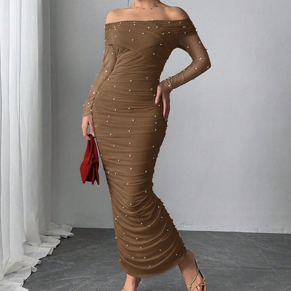 Coffee Brown Elegant Women's Off-Shoulder Pearl Decor Ruffle Maxi Dress - Picture 5 of 10